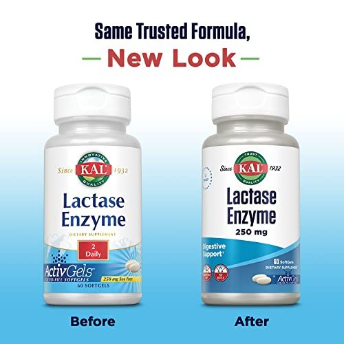 KAL Lactase Enzym 250 mg – Verdauungsunterstützung bei Laktoseintoleranz, flüssigkeitsgefüllte ActivGels, ohne Soja, 250 FCC-Einheiten, 30 Portionen, 60 Softgels