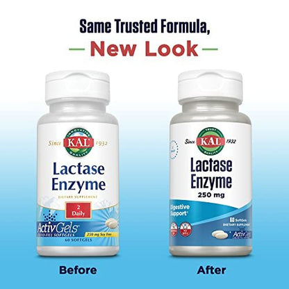 KAL Lactase Enzym 250 mg – Verdauungsunterstützung bei Laktoseintoleranz, flüssigkeitsgefüllte ActivGels, ohne Soja, 250 FCC-Einheiten, 30 Portionen, 60 Softgels