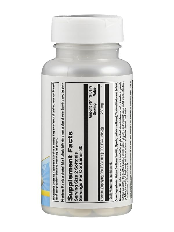KAL Lactase Enzym 250 mg – Verdauungsunterstützung bei Laktoseintoleranz, flüssigkeitsgefüllte ActivGels, ohne Soja, 250 FCC-Einheiten, 30 Portionen, 60 Softgels