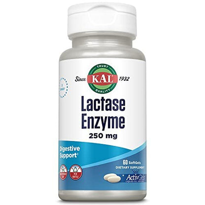 KAL Lactase Enzym 250 mg – Verdauungsunterstützung bei Laktoseintoleranz, flüssigkeitsgefüllte ActivGels, ohne Soja, 250 FCC-Einheiten, 30 Portionen, 60 Softgels