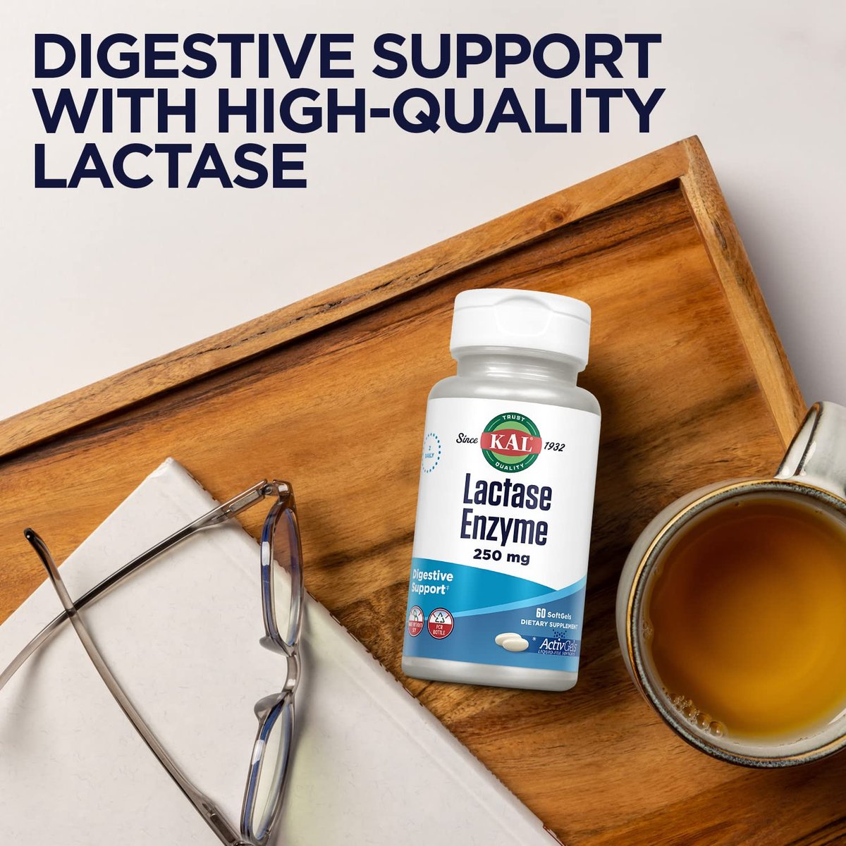 KAL Lactase Enzym 250 mg – Verdauungsunterstützung bei Laktoseintoleranz, flüssigkeitsgefüllte ActivGels, ohne Soja, 250 FCC-Einheiten, 30 Portionen, 60 Softgels