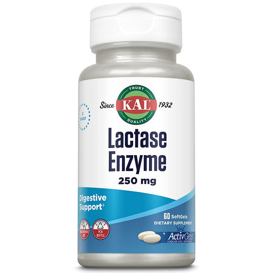 KAL Lactase Enzym 250 mg – Verdauungsunterstützung bei Laktoseintoleranz, flüssigkeitsgefüllte ActivGels, ohne Soja, 250 FCC-Einheiten, 30 Portionen, 60 Softgels