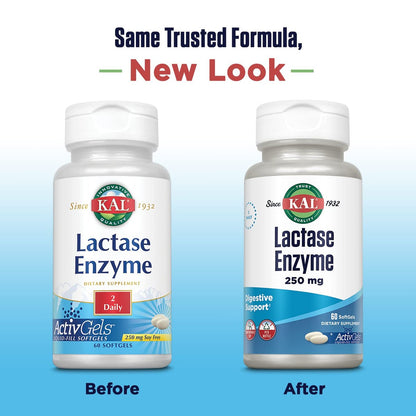 KAL Lactase Enzym 250 mg – Verdauungsunterstützung bei Laktoseintoleranz, flüssigkeitsgefüllte ActivGels, ohne Soja, 250 FCC-Einheiten, 30 Portionen, 60 Softgels