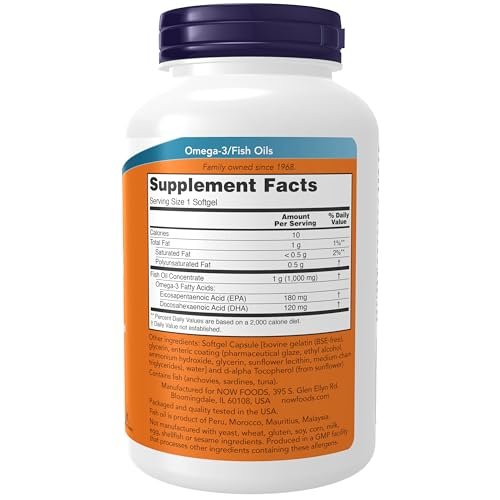 NOW Foods Omega-3 180 EPA / 120 DHA, magensaftresistente Kapseln, 180 Weichkapseln