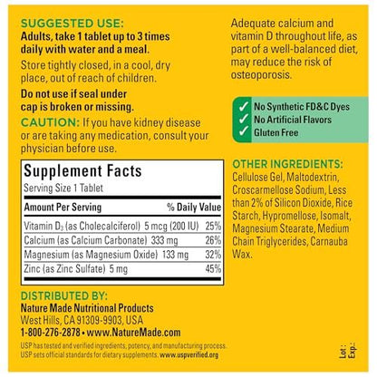 Nature Made Calcium Magnesium Zinc mit Vitamin D3 – 300 Tabletten für starke Knochen