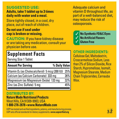 Nature Made Calcium Magnesium Zinc mit Vitamin D3 – 300 Tabletten für starke Knochen