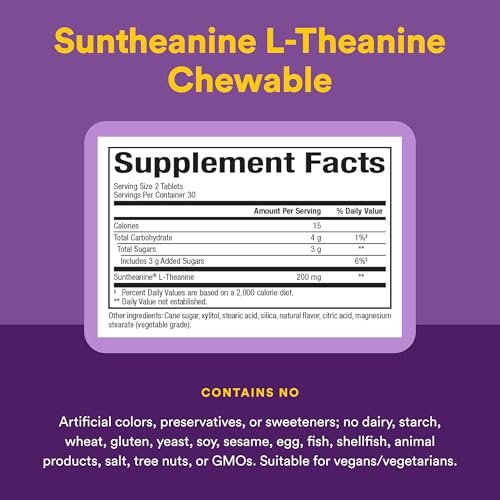 Natural Factors Suntheanine L-Theanin 100 mg – Nahrungsergänzungsmittel für einen ruhigen Geist – Unterstützt erholsamen Schlaf & hilft gegen Schläfrigkeit – 60 Kautabletten (30 Portionen)