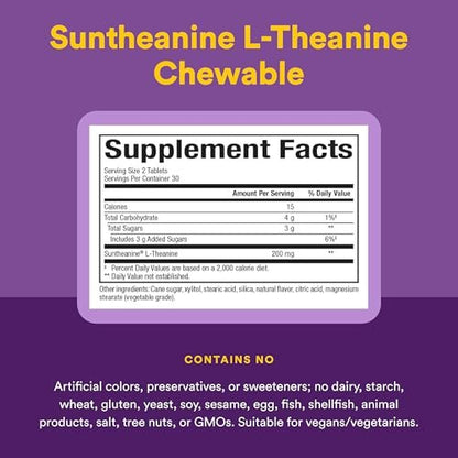 Natural Factors Suntheanine L-Theanin 100 mg – Nahrungsergänzungsmittel für einen ruhigen Geist – Unterstützt erholsamen Schlaf & hilft gegen Schläfrigkeit – 60 Kautabletten (30 Portionen)