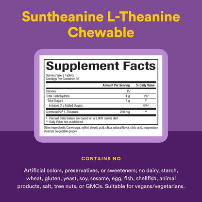 Natural Factors Suntheanine L-Theanin 100 mg – Nahrungsergänzungsmittel für einen ruhigen Geist – Unterstützt erholsamen Schlaf & hilft gegen Schläfrigkeit – 60 Kautabletten (30 Portionen)