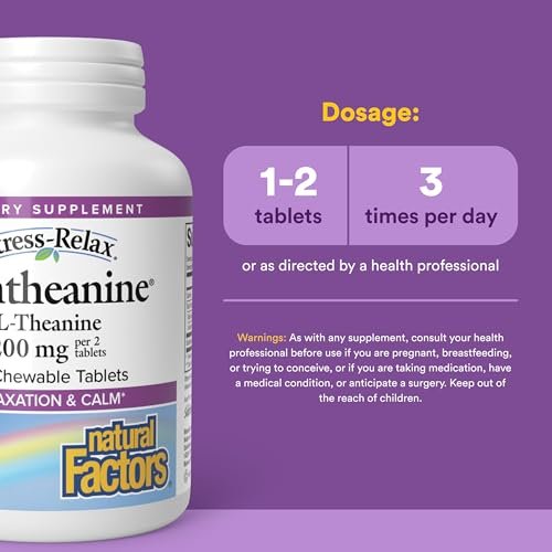 Natural Factors Suntheanine L-Theanin 100 mg – Nahrungsergänzungsmittel für einen ruhigen Geist – Unterstützt erholsamen Schlaf & hilft gegen Schläfrigkeit – 60 Kautabletten (30 Portionen)