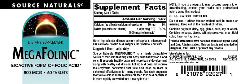 Source Naturals MegaFolinic 800mcg – 60 Tabletten – Hochdosiertes Folsäurepräparat