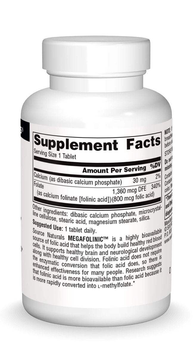 Source Naturals MegaFolinic 800mcg – 60 Tabletten – Hochdosiertes Folsäurepräparat