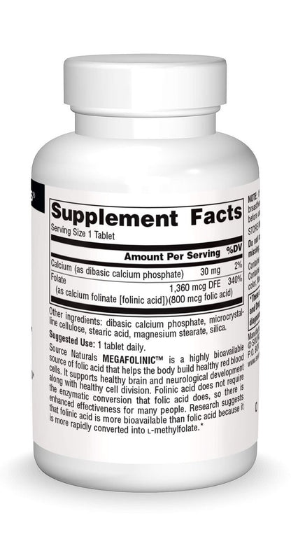 Source Naturals MegaFolinic 800mcg – 60 Tabletten – Hochdosiertes Folsäurepräparat