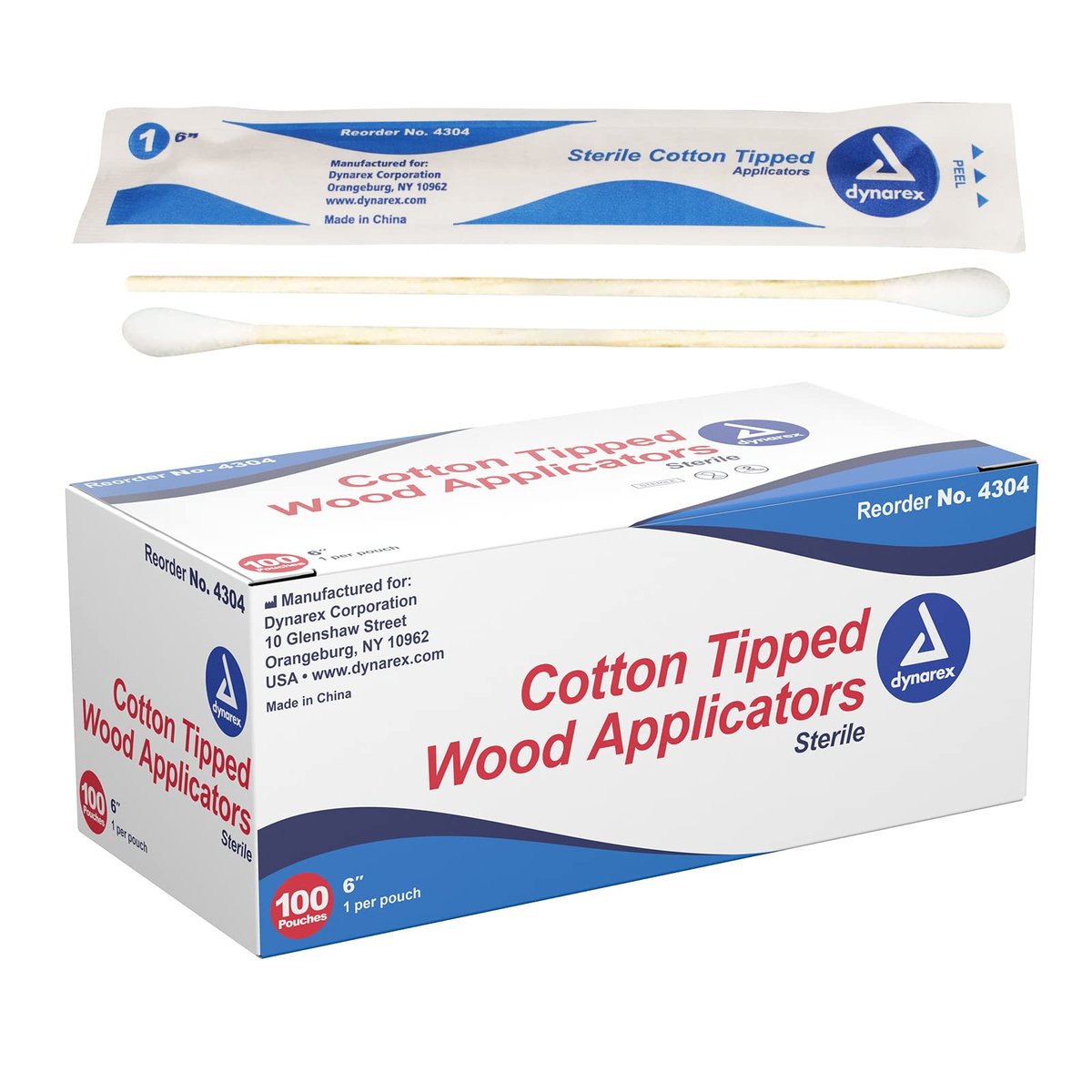 Dynarex 6 Zoll sterile Wattestäbchen mit Holzstiel – Einweg-Wattestäbchen für Wundversorgung, Hygiene, Make-up & Reinigung – 1 Box mit 100 Beuteln, 1 Stück pro Beutel