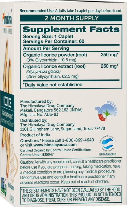 Himalaya Bio Süßholz, 60-Tage-Vorrat - Verdauungsergänzung bei Magenbeschwerden, gelegentlichem Blähbauch und Sodbrennen - USDA Bio, Vegan, Nicht-GVO, Nicht-DGL, Glutenfrei, 60 Kapseln