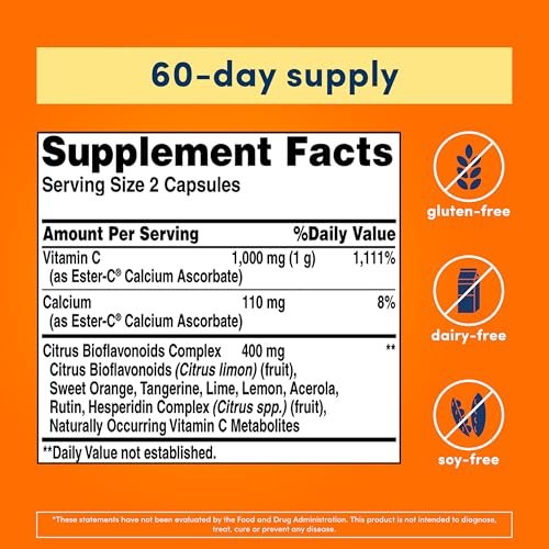 American Health Ester-C mit Citrus-Bioflavonoiden Kapseln – Magenfreundlich, nicht-saures Vitamin C – 500 mg, 60 Portionen, 120 Stück