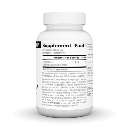 Source Naturals L-Tryptophan 500 mg – 60 Kapseln zur Unterstützung von Stimmung, Entspannung und Schlaf*