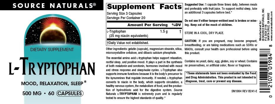 Source Naturals L-Tryptophan 500 mg – 60 Kapseln zur Unterstützung von Stimmung, Entspannung und Schlaf*