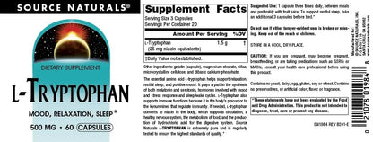 Source Naturals L-Tryptophan 500 mg – 60 Kapseln zur Unterstützung von Stimmung, Entspannung und Schlaf*