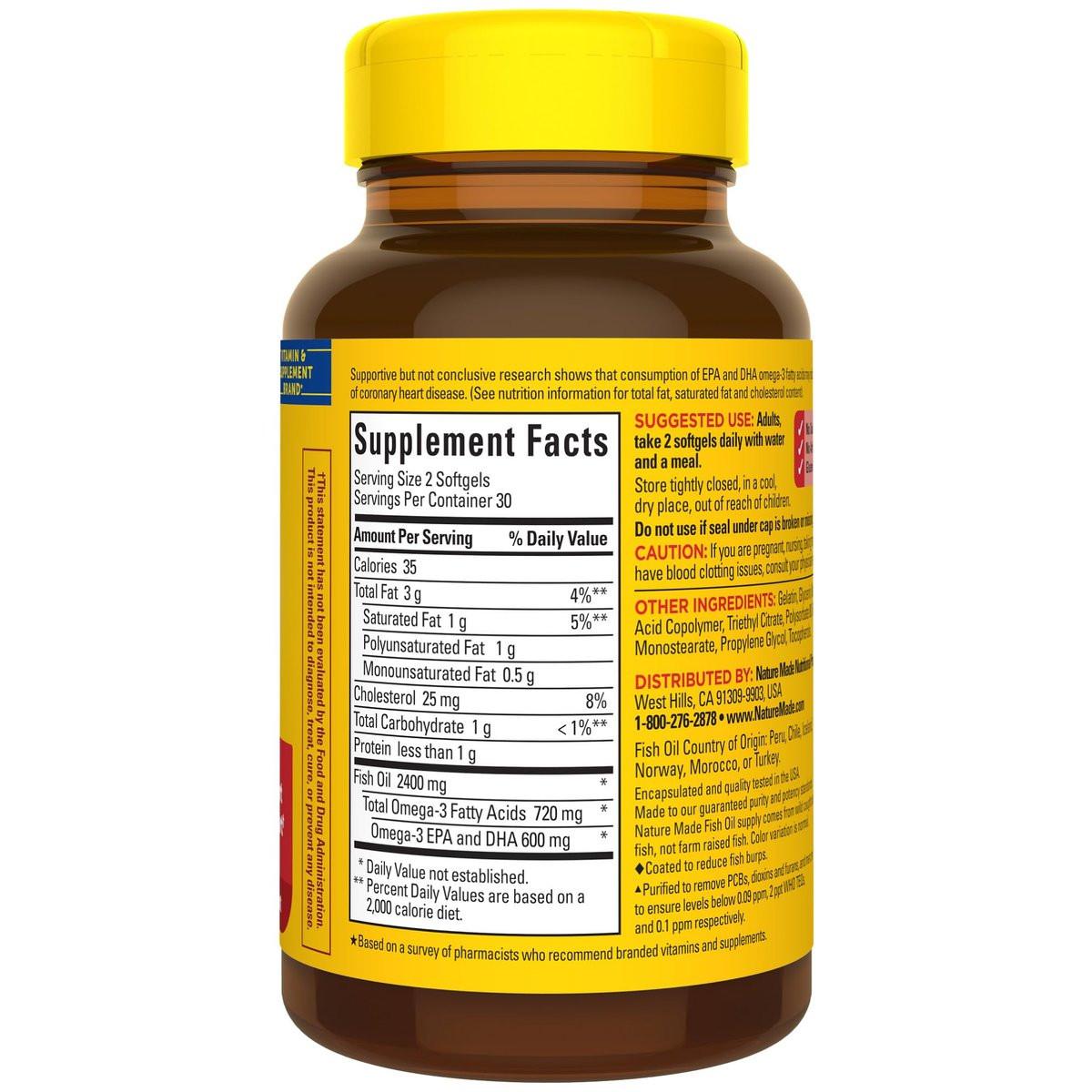 Nature Made Burp Weniger Fischöl Omega 3 Nahrungsergänzungsmittel, 1200 mg Weichkapseln, EPA DHA Omega 3 Fischöl für gesunde Herzunterstützung, 60 Weichkapseln, 30-Tage-Versorgung