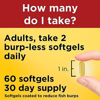 Nature Made Burp Weniger Fischöl Omega 3 Nahrungsergänzungsmittel, 1200 mg Weichkapseln, EPA DHA Omega 3 Fischöl für gesunde Herzunterstützung, 60 Weichkapseln, 30-Tage-Versorgung