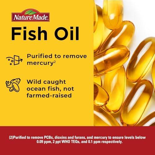 Nature Made Burp Weniger Fischöl Omega 3 Nahrungsergänzungsmittel, 1200 mg Weichkapseln, EPA DHA Omega 3 Fischöl für gesunde Herzunterstützung, 60 Weichkapseln, 30-Tage-Versorgung