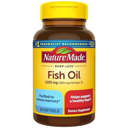 Nature Made Burp Weniger Fischöl Omega 3 Nahrungsergänzungsmittel, 1200 mg Weichkapseln, EPA DHA Omega 3 Fischöl für gesunde Herzunterstützung, 60 Weichkapseln, 30-Tage-Versorgung