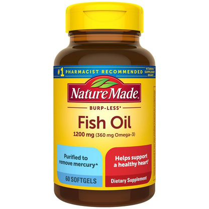 Nature Made Burp Weniger Fischöl Omega 3 Nahrungsergänzungsmittel, 1200 mg Weichkapseln, EPA DHA Omega 3 Fischöl für gesunde Herzunterstützung, 60 Weichkapseln, 30-Tage-Versorgung