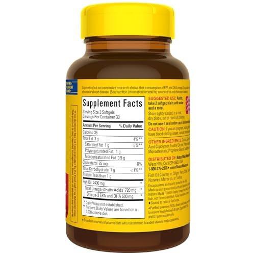 Nature Made Burp Weniger Fischöl Omega 3 Nahrungsergänzungsmittel, 1200 mg Weichkapseln, EPA DHA Omega 3 Fischöl für gesunde Herzunterstützung, 60 Weichkapseln, 30-Tage-Versorgung