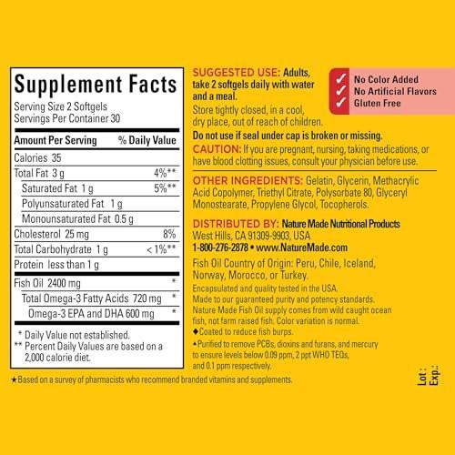 Nature Made Burp Weniger Fischöl Omega 3 Nahrungsergänzungsmittel, 1200 mg Weichkapseln, EPA DHA Omega 3 Fischöl für gesunde Herzunterstützung, 60 Weichkapseln, 30-Tage-Versorgung