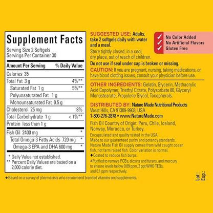 Nature Made Burp Weniger Fischöl Omega 3 Nahrungsergänzungsmittel, 1200 mg Weichkapseln, EPA DHA Omega 3 Fischöl für gesunde Herzunterstützung, 60 Weichkapseln, 30-Tage-Versorgung