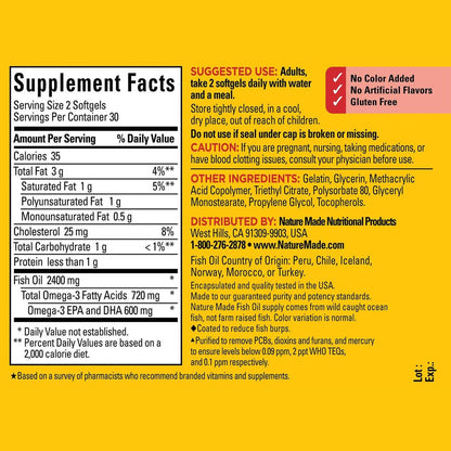 Nature Made Burp Weniger Fischöl Omega 3 Nahrungsergänzungsmittel, 1200 mg Weichkapseln, EPA DHA Omega 3 Fischöl für gesunde Herzunterstützung, 60 Weichkapseln, 30-Tage-Versorgung