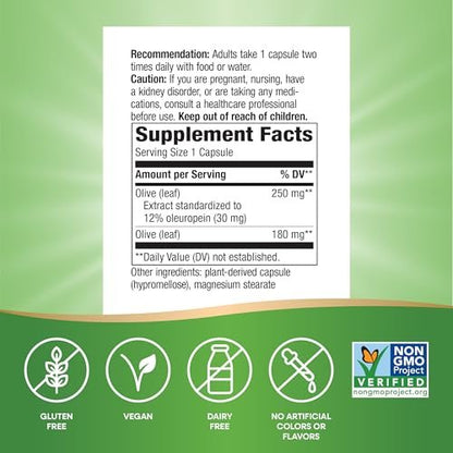 Nature's Way Olivenblatt standardisierter Extrakt – 60 Kapseln, 250 mg, unterstützt die Herzgesundheit*, glutenfrei, vegan