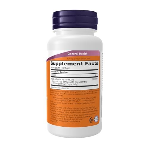 NOW Foods Royal Jelly 1000 mg mit 10-HDA (Hydroxy-D-Decensäure), 60 Softgels – Hochwertiges Nahrungsergänzungsmittel