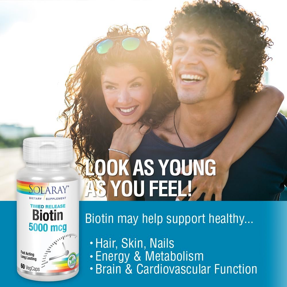 Solaray Biotin 5000 mcg Timed-Release - Reines Biotin für Haar, Haut und Nägel - 60 vegane Kapseln