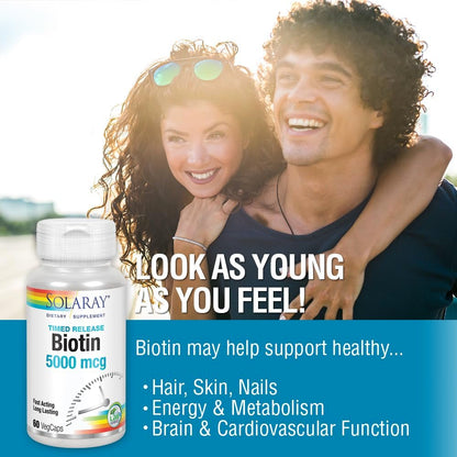 Solaray Biotin 5000 mcg Timed-Release - Reines Biotin für Haar, Haut und Nägel - 60 vegane Kapseln