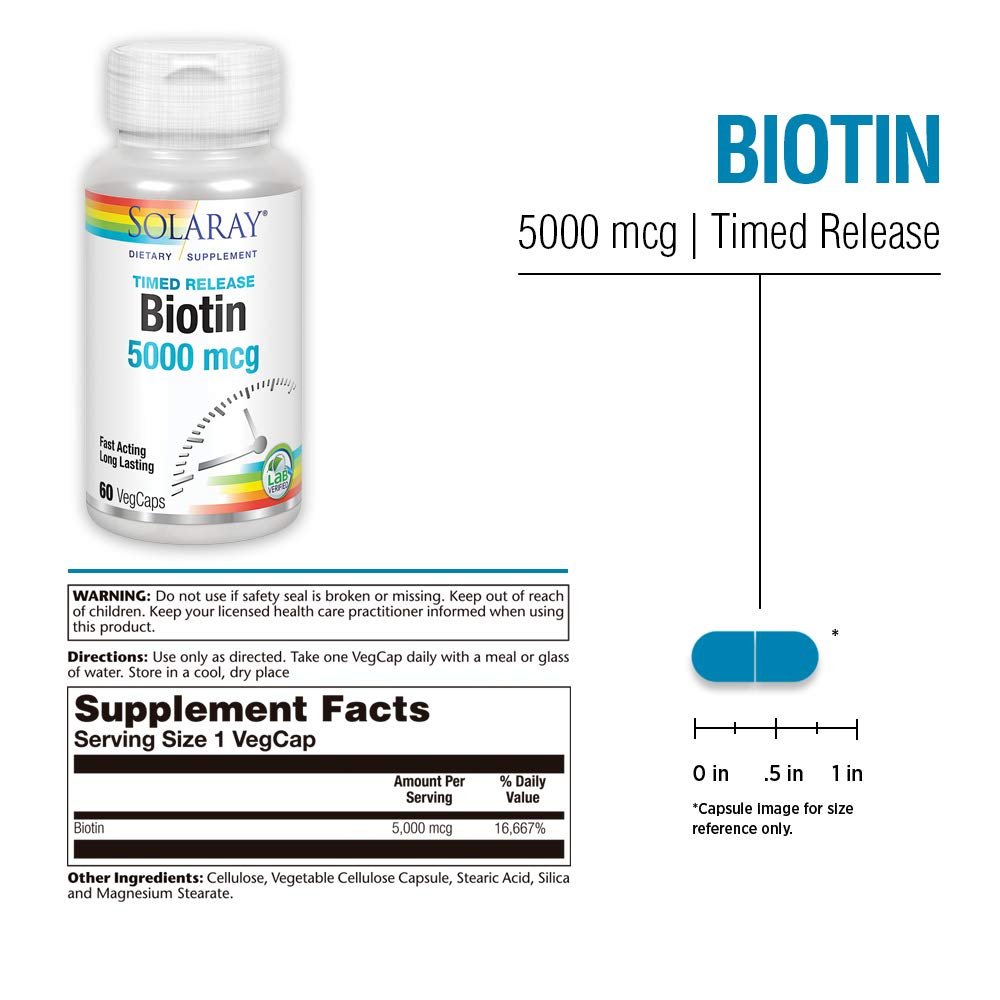 Solaray Biotin 5000 mcg Timed-Release - Reines Biotin für Haar, Haut und Nägel - 60 vegane Kapseln