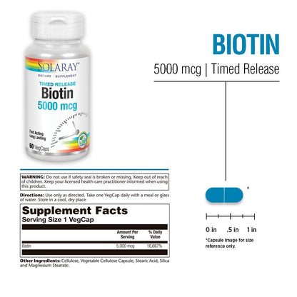Solaray Biotin 5000 mcg Timed-Release - Reines Biotin für Haar, Haut und Nägel - 60 vegane Kapseln