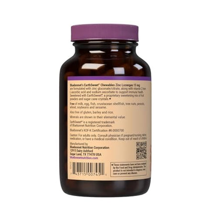 Bluebonnet Nutrition Earthsweet Zink Lutschtabletten 15mg, mit 100mg Vitamin C, Sojafrei, Glutenfrei, Koscher, Laktosefrei, Vegan, Orangengeschmack, 60 Lutschtabletten