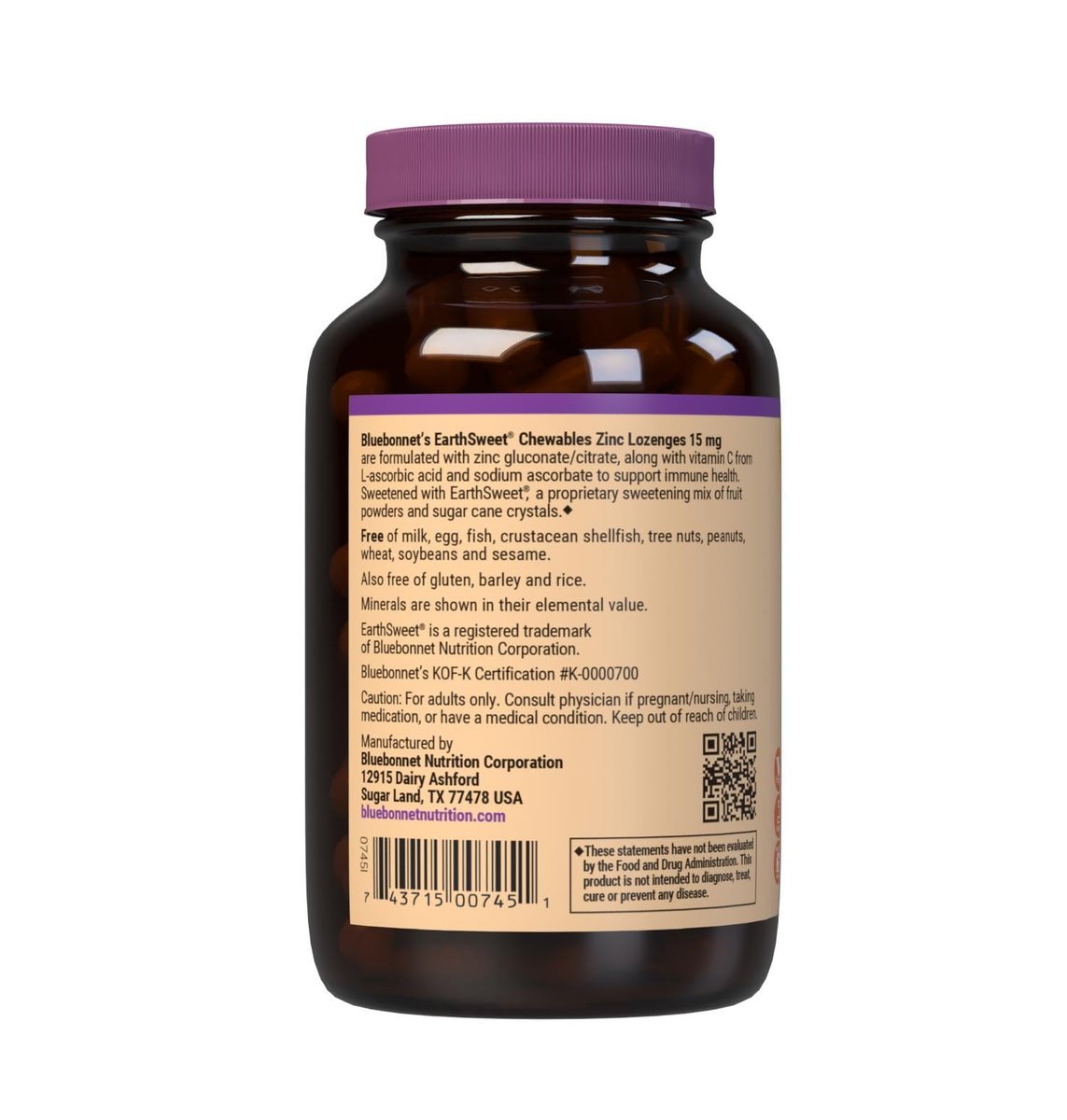 Bluebonnet Nutrition Earthsweet Zink Lutschtabletten 15mg, mit 100mg Vitamin C, Sojafrei, Glutenfrei, Koscher, Laktosefrei, Vegan, Orangengeschmack, 60 Lutschtabletten