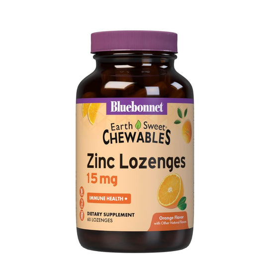 Bluebonnet Nutrition Earthsweet Zink Lutschtabletten 15mg, mit 100mg Vitamin C, Sojafrei, Glutenfrei, Koscher, Laktosefrei, Vegan, Orangengeschmack, 60 Lutschtabletten