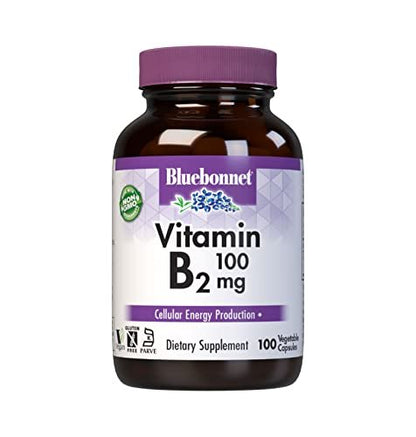 Bluebonnet Nutrition Vitamin B2 100 mg – 100 vegane Kapseln für Herz-Kreislauf- und Nervensystem