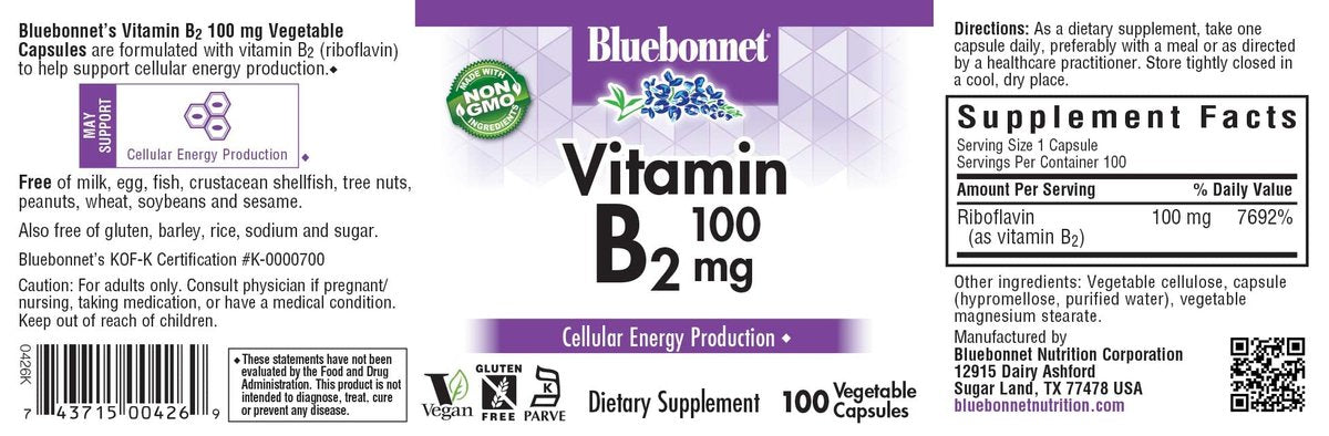 Bluebonnet Nutrition Vitamin B2 100 mg – 100 vegane Kapseln für Herz-Kreislauf- und Nervensystem
