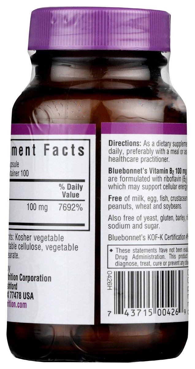 Bluebonnet Nutrition Vitamin B2 100 mg – 100 vegane Kapseln für Herz-Kreislauf- und Nervensystem