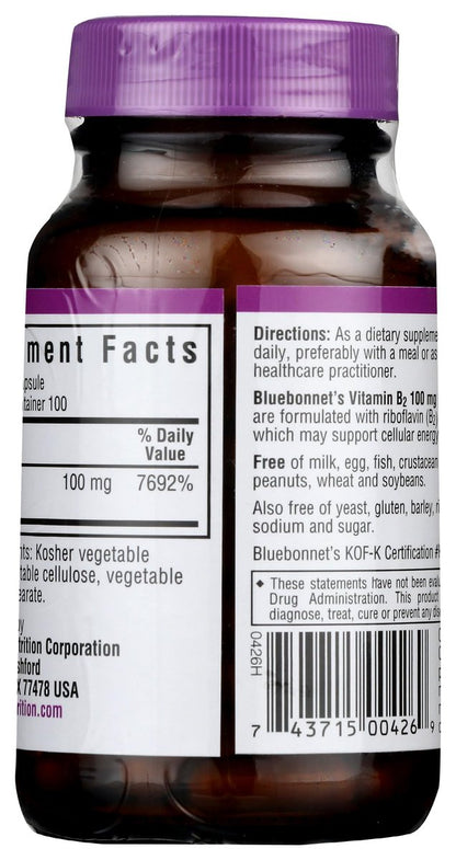Bluebonnet Nutrition Vitamin B2 100 mg – 100 vegane Kapseln für Herz-Kreislauf- und Nervensystem