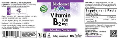 Bluebonnet Nutrition Vitamin B2 100 mg – 100 vegane Kapseln für Herz-Kreislauf- und Nervensystem