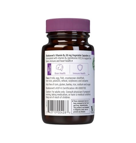 Bluebonnet Nutrition Vitamin B6 50mg – Energievitamin für Frauen und Männer – Unterstützt Nervensystem, Immunsystem und Herzgesundheit – Nicht-GMO, vegan, glutenfrei – 90 pflanzliche Kapseln
