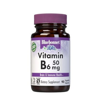 Bluebonnet Nutrition Vitamin B6 50mg – Energievitamin für Frauen und Männer – Unterstützt Nervensystem, Immunsystem und Herzgesundheit – Nicht-GMO, vegan, glutenfrei – 90 pflanzliche Kapseln