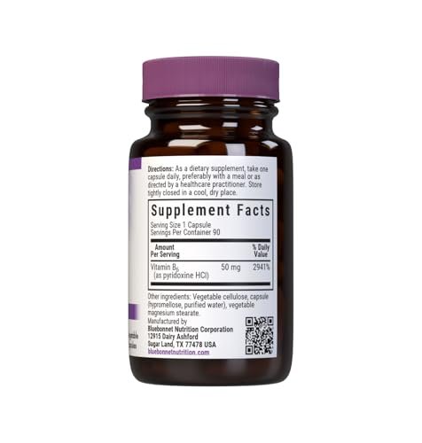 Bluebonnet Nutrition Vitamin B6 50mg – Energievitamin für Frauen und Männer – Unterstützt Nervensystem, Immunsystem und Herzgesundheit – Nicht-GMO, vegan, glutenfrei – 90 pflanzliche Kapseln