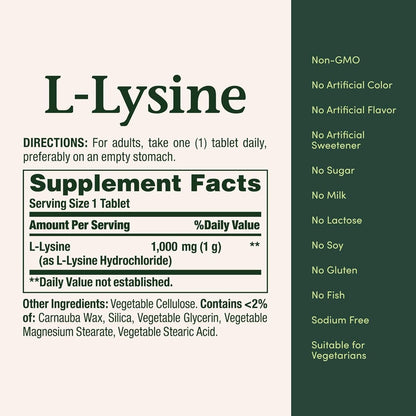 Nature's Bounty L-Lysin 1000 mg, 60 Tabletten – Hochdosierte Aminosäure zur Unterstützung des Immunsystems